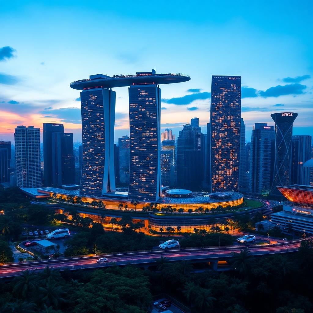 Equator Sovereign City — Vertical-garden skyline at blue hour