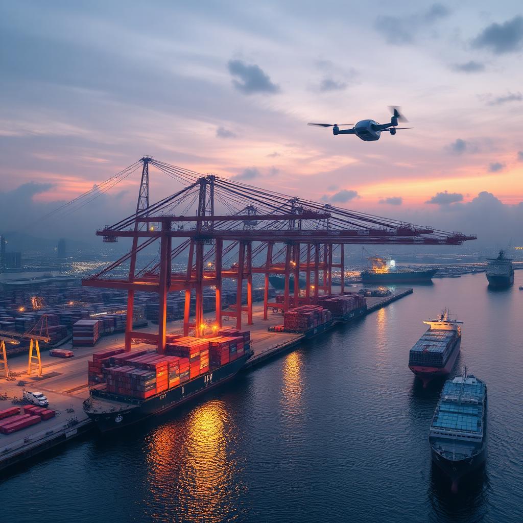 Equator Sovereign City — Robotic cranes at dawn