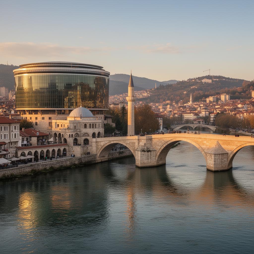Confluence Capital — Riverfront civic quarter with historic bridge