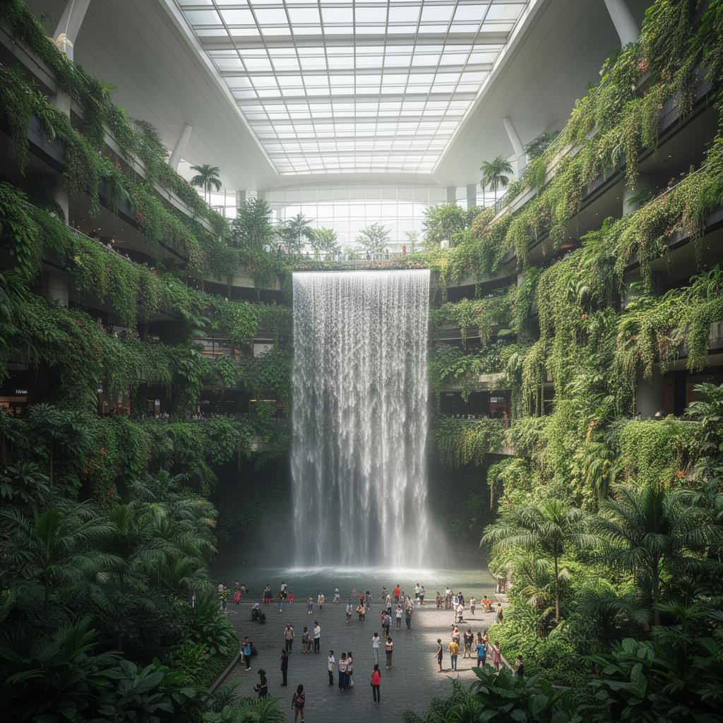 Equator Sovereign City — Indoor waterfall and tropical terminal concourse