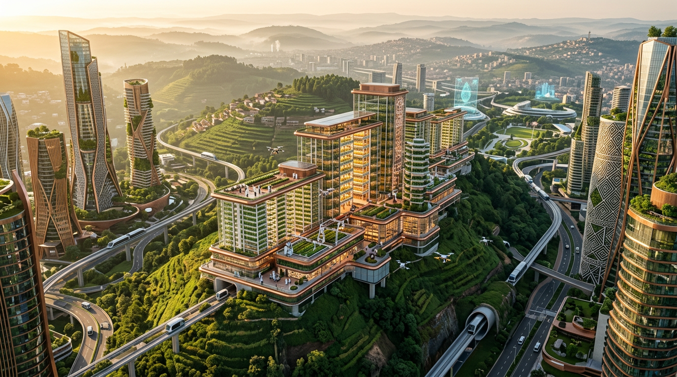 Kigali Innovation Capital — Bamboo canopy walkway through research terrain