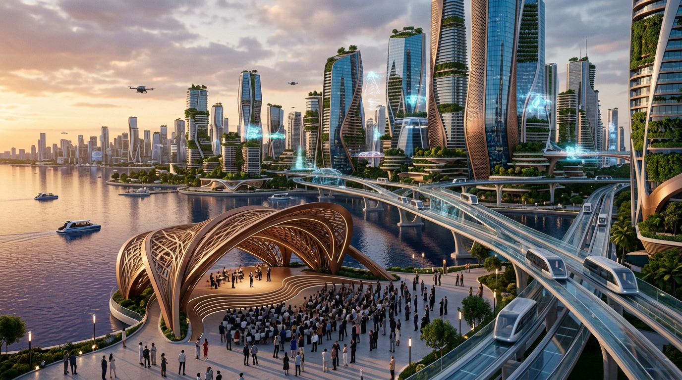 Unity Global City — Autonomous water taxis along the Atlantic promenade