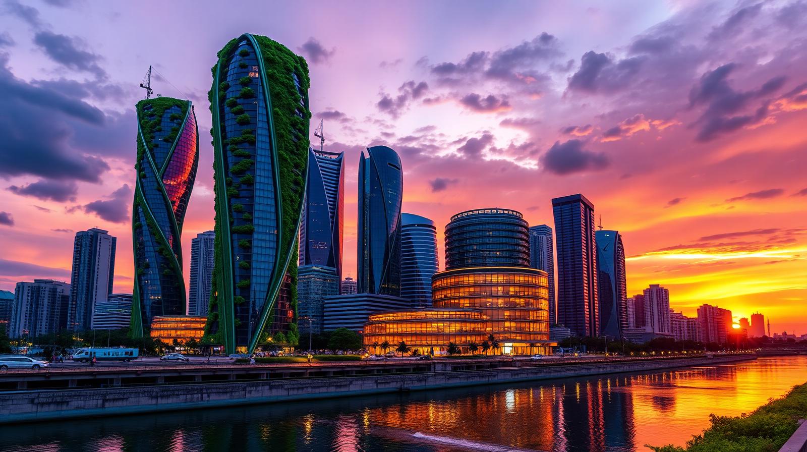 Financial district skyline at dusk